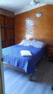 1 dormitorio con 1 cama azul y pared de ladrillo en Loft guelaguetza A, en Santa Cruz Huatulco