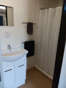 La salle de bains est pourvue d'un lavabo blanc et d'une douche. dans l'établissement Mt Isa Caravan Park, à Mount Isa