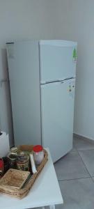 a white refrigerator in a kitchen with a basket next to it at Casa Belén in Toay