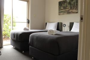 2 Betten nebeneinander in einem Zimmer in der Unterkunft Cootamundra Heritage Motel & Apartments in Cootamundra