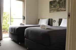 two beds sitting next to each other in a room at Cootamundra Heritage Motel & Apartments in Cootamundra