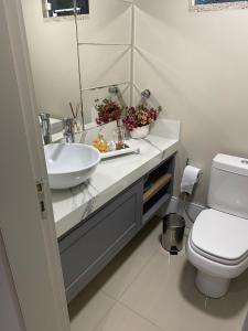 a bathroom with a sink and a toilet and a mirror at Casa com piscina em itapema in Itapema +5 photos