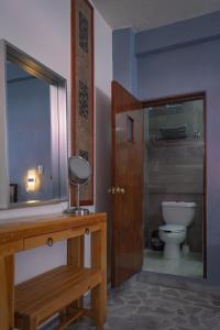 a bathroom with a sink and a toilet and a mirror at Hotel Corazón de Plata Centro in Guanajuato