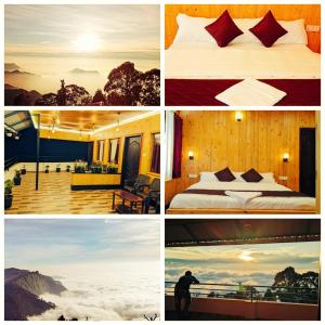 un collage de cuatro fotos de una habitación de hotel en Loft wood house en Kodaikānāl