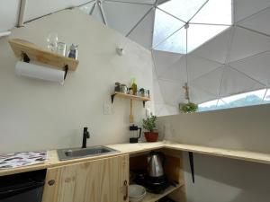 uma cozinha com um lavatório e um tecto de vidro em La Comarca River Glamping Dome near Manuel Antonio em Manuel Antonio