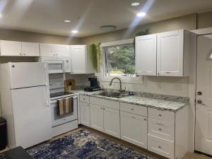 een keuken met witte kasten, een gootsteen en een raam bij Bellaire Midtown Cottage in Bellaire