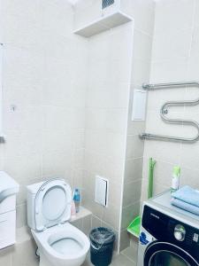 een badkamer met een toilet en een wasmachine bij Уютная квартира в центре столицы in Taldykolʼ