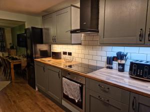 a kitchen with gray cabinets and a counter top at Purdie Close Holiday Let in Cheddar