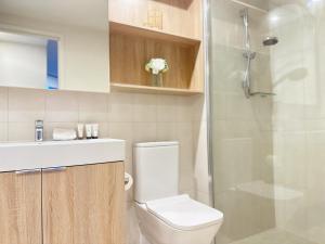 a bathroom with a toilet and a shower at Riverside Story Retreat at Queen Street in Brisbane