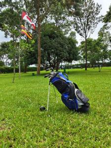 a blue bag sitting in the grass with a kite at Vacation Home with Lake view in Kampala
