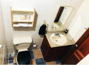 y baño con lavabo, aseo y espejo. en Habitacion en La Vie en Rose en Cartagena de Indias