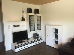 a living room with a flat screen tv and a couch at Apartments Dujic in Tribunj