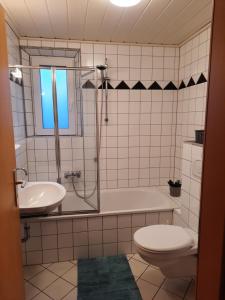 a bathroom with a toilet and a sink and a shower at Sarah klein aber fein in Wellesweiler