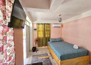 a small bedroom with a bed and a tv at C&M Suites in Roseau
