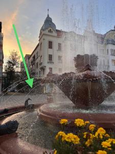a fountain in front of a building with a green arrow at Downtown apartment in Timişoara