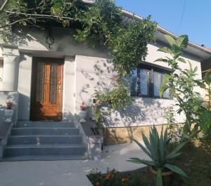 a white house with a wooden door and stairs at Casa cu trandafiri in Baia Mare