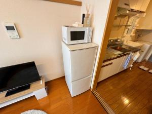 eine Mikrowelle auf einem Kühlschrank in der Küche in der Unterkunft 東横のヨコ in Okayama