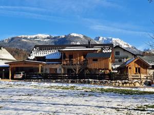 a house in the snow with mountains in the background at Tonis Apartment in Bad Goisern