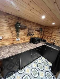 cocina con encimera y pared de madera en Cozy Cottage with hot tub!, en Cadnam