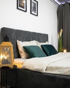 una cama con almohadas verdes en una habitación en Best Studio Central, en Hunedoara