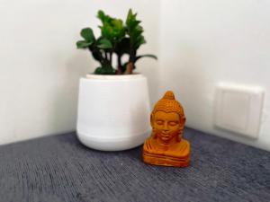 una pequeña estatua junto a un jarrón con una planta en Segundo Home, en Kochi