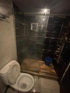 a bathroom with a toilet and a glass wall at Luxurious B in Lagos