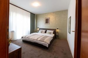 ein Schlafzimmer mit einem Bett und einem großen Fenster in der Unterkunft Villa Markus in Slavonski Brod