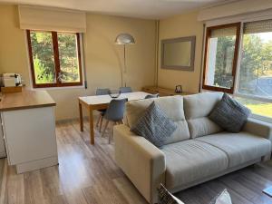 ein Wohnzimmer mit einem Sofa und einem Tisch in der Unterkunft Apartamento Masella pie de pistas. Ideal familias in Alp