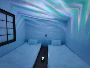 um quarto com duas camas num quarto com as estrelas em Hostel Belle Via Tokyo em Tóquio