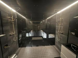 ein dunkles Bad mit einer Dusche und einem Waschbecken in der Unterkunft Lakeside Lodge Norvis in Rovaniemi