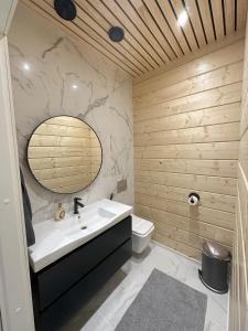 a bathroom with a sink and a toilet and a mirror at Lakeside Lodge Norvis in Rovaniemi