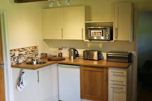 a kitchen with a counter with a microwave and a sink at The Lodge - 2 acres of garden with hot tub and fire pit and BBQ in East Harling