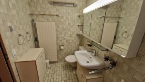 a bathroom with a sink and a toilet and a mirror at Chesa Bellaval, Haus la Vuolp 2,5-Zimmerwohnung in Silvaplana +38 photos