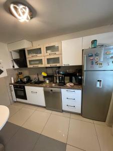 a kitchen with a stainless steel refrigerator and white cabinets at Cozy apartments in Prague in Prague