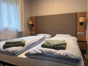 2 Betten mit Kissen in einem Schlafzimmer in der Unterkunft Soleil Levant in Berdorf