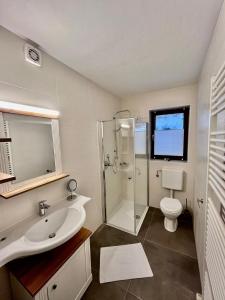 W łazience znajduje się prysznic, umywalka i toaleta. w obiekcie Pension Gruber w mieście Weisspriach