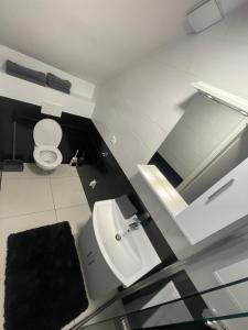 Baño blanco con lavabo y aseo en Apartments Park Vodice - Ljubljana, Krvavec, en Woditz