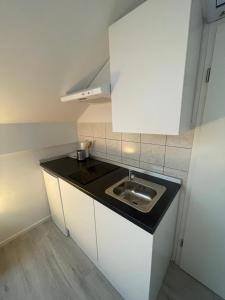 cocina con fregadero y armarios blancos en Apartments Park Vodice - Ljubljana, Krvavec, en Woditz