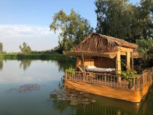 ein Haus auf einem Boot im Wasser in der Unterkunft Farmstay Ao Nhà 