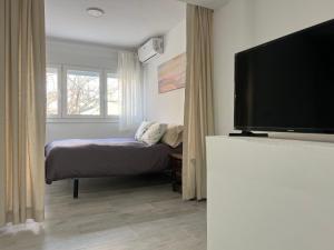 Apartamentos para 10 personas en Barrio del Pilar في مدريد: غرفة نوم بسرير وتلفزيون بشاشة مسطحة