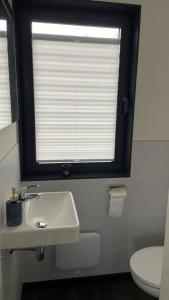 a bathroom with a sink and a window at Hausboot freiZeit - LP1 in Höxter