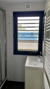 ein Bad mit einem Waschbecken und einem Fenster in der Unterkunft Hausboot freiZeit - LP1 in Höxter