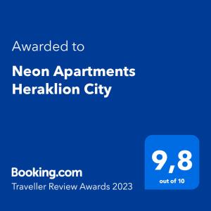 a blue sign with the text upgraded to new apartments her activation city at NEON Apartment, modern, high quality, central Apt, Heraklion City in Heraklio
