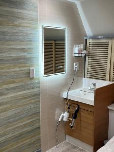 uma casa de banho com um lavatório e um espelho em City Hotel Southern Cross em Tóquio
