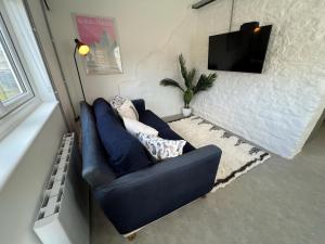 The Dog House, Mere في Mere: أريكة زرقاء في غرفة المعيشة مع تلفزيون