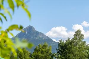 una montaña en la distancia con árboles en el primer plano en Camping Le Colporteur, en Le Bourg-dʼOisans