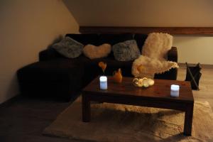 a living room with a black couch and a coffee table at Ecrin d' Amour suite romantique avec Jacuzzi in Castels +17 photos