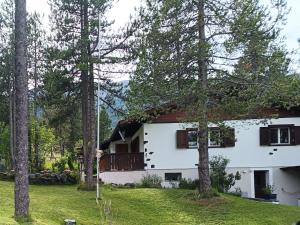 達沃斯的住宿－Chalet M，前面有树木的白色房子