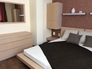 a bedroom with a bed with a dresser and a mirror at Apartman priamo na svahu in Donovaly