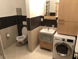 a bathroom with a washing machine and a sink at Apartman priamo na svahu in Donovaly